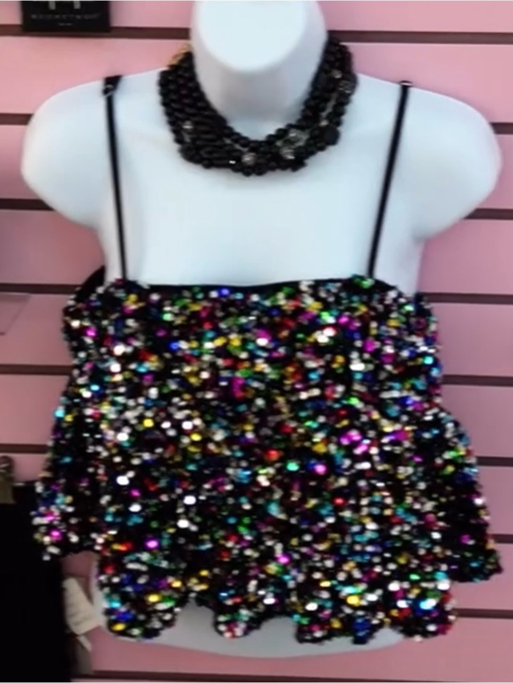 Storia Black Multicolor Sequin Spaghetti Strap Crop Top